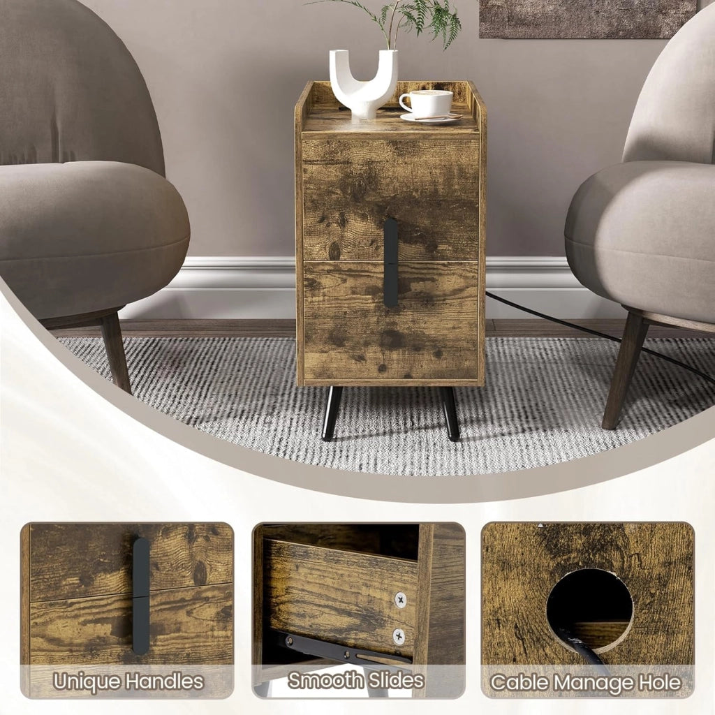 Comodino con stazione di ricarica, tavolino con 2 porte USB e 3 uscite, comodino con 2 cassetti, comodino per camera da letto, soggiorno, 32 x 40 x 60 cm (Industiral-2), QD09474