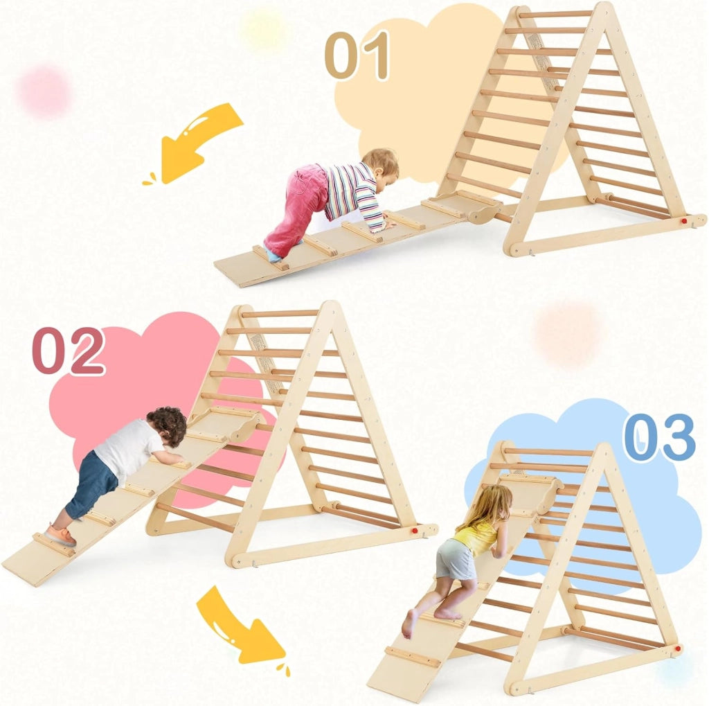 Triangolo a Gradini, Scala Giochi Arrampicata a Triangolo, con Scivolo, Palestra Coperta da Casa, Legno, Ideale per Bambini 3+ Anni (naturale)
