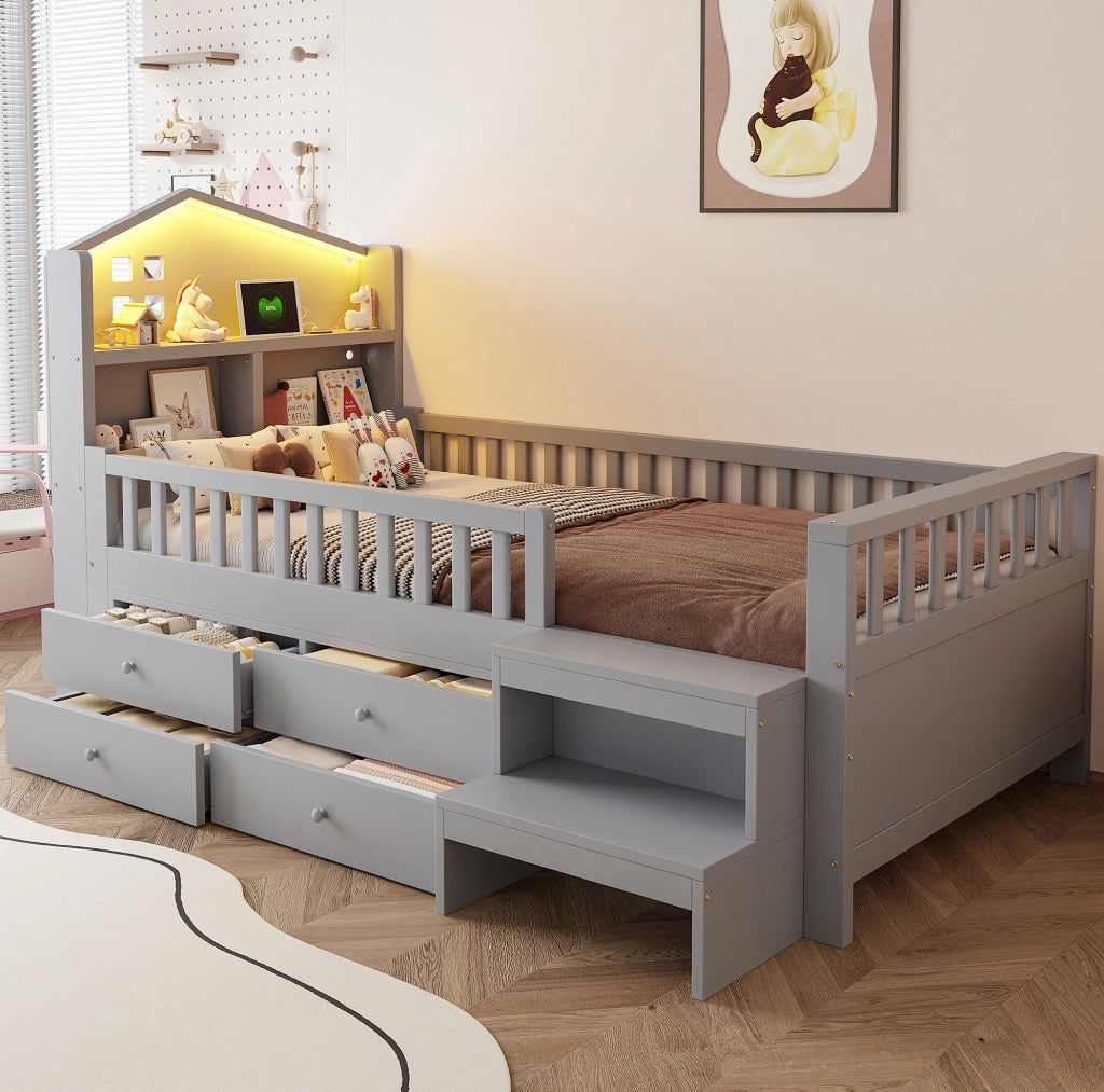 Letto per bambini 90x200 cm con 4 cassetti; LED; USB e Type-C; in legno massello; grigio