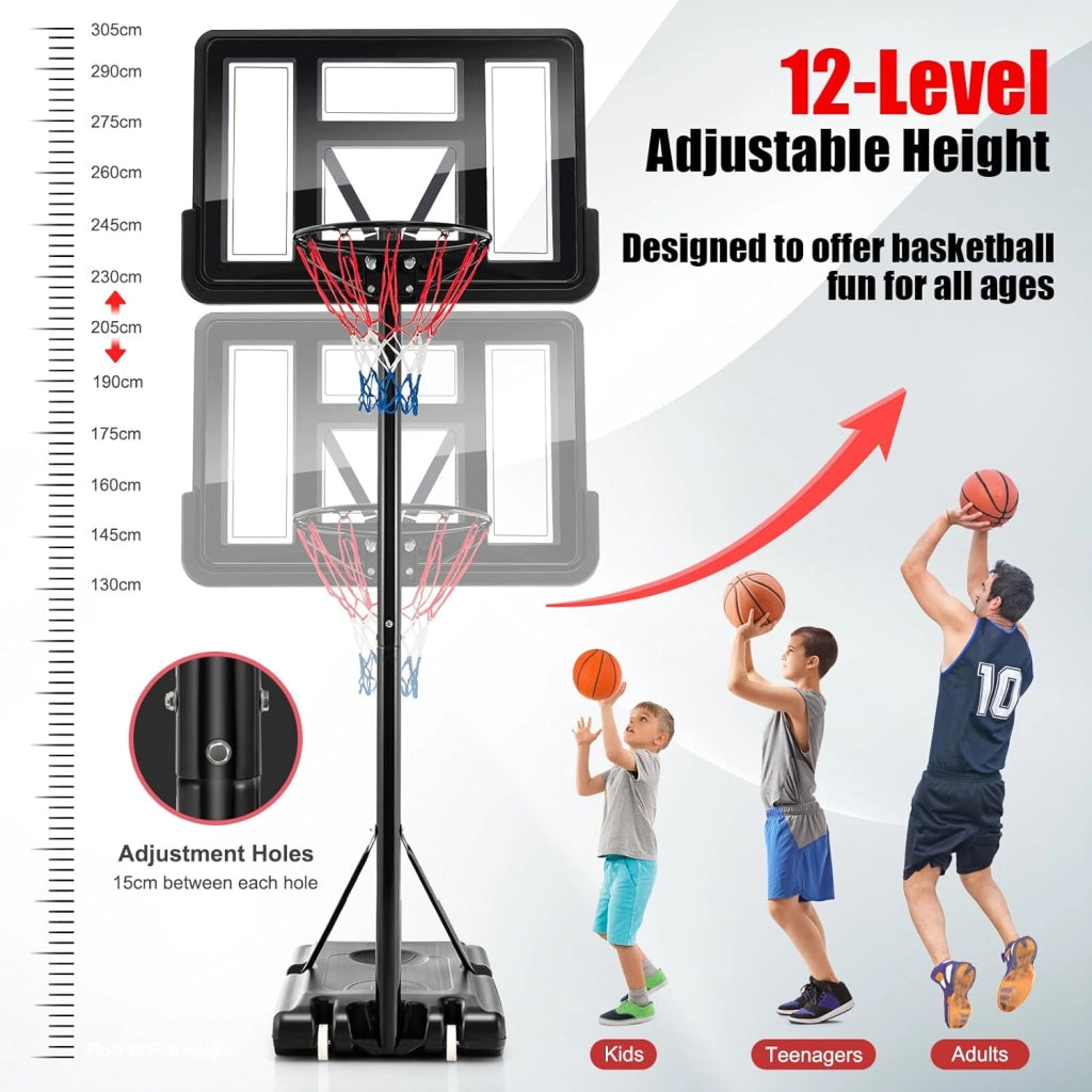 Canestro Basket per Esterno, 12 Livelli di Altezza Regolabile 130-305 cm, Supporto da Basket Portatile con Ruote, Base in PE e PVC, Pallacanestro per Interni con 2 Reti, per Bambini e Adulti