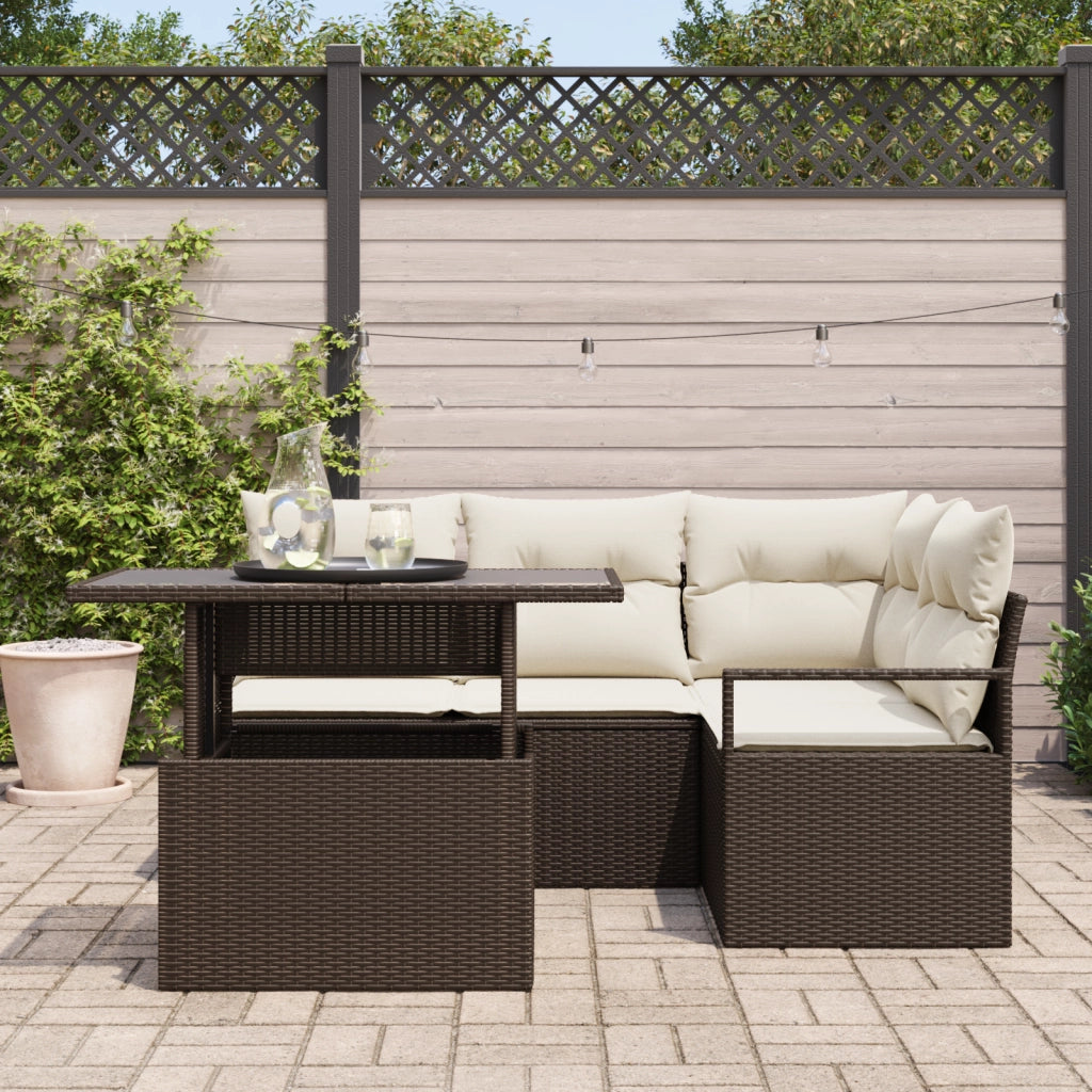 Set Divano da Giardino 5 Pezzi con Cuscini Marrone Poly Rattan