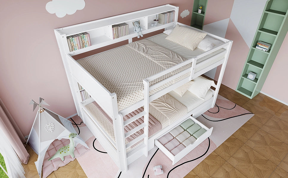 DESMIU Letto a castello 90 × 200 cm 2 posti con vani laterali e cassetto, senza materasso, bianco