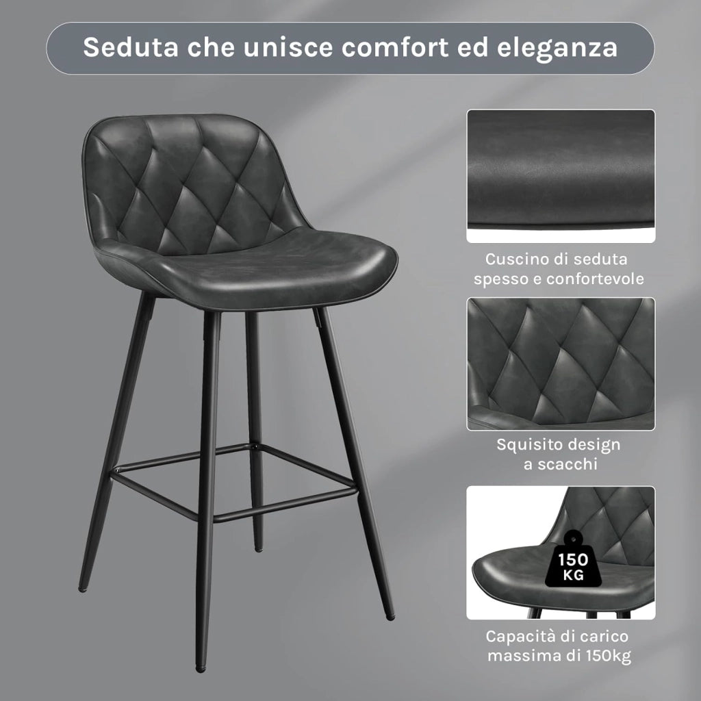 Sgabelli cucina, Sgabelli Bar con Schienale Sedia da Cucina con Poggiapiedi Sgabello Alto Imbottito Sedia in PU vintage con Gambe in Metallo per Bistrot Pub Sala da Pranzo, Antracite