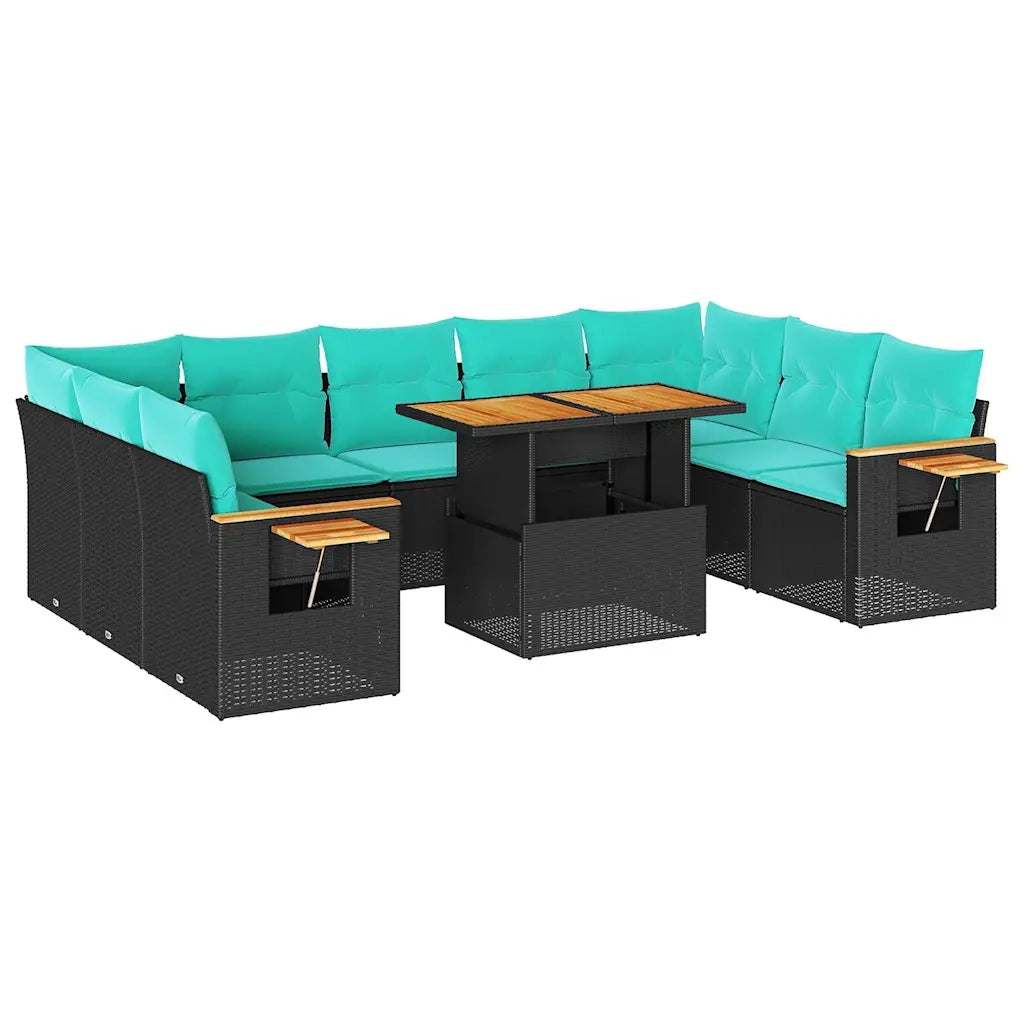 Set Divani Giardino 10pz con Cuscini Nero in Polyrattan Acacia