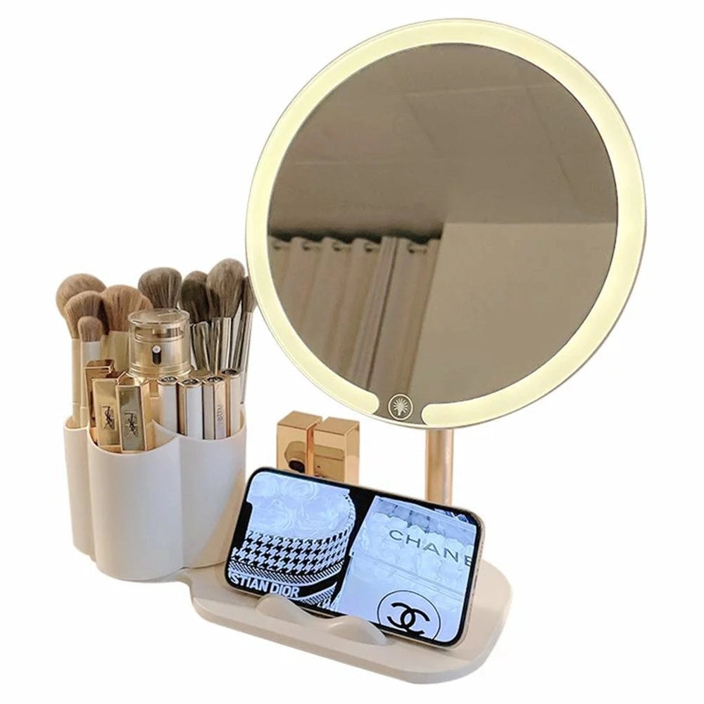 Trade Shop - Specchio Trucco Da Tavolo Con Luce Led Contenitore Portaoggetti Girevole Portacellulare -
