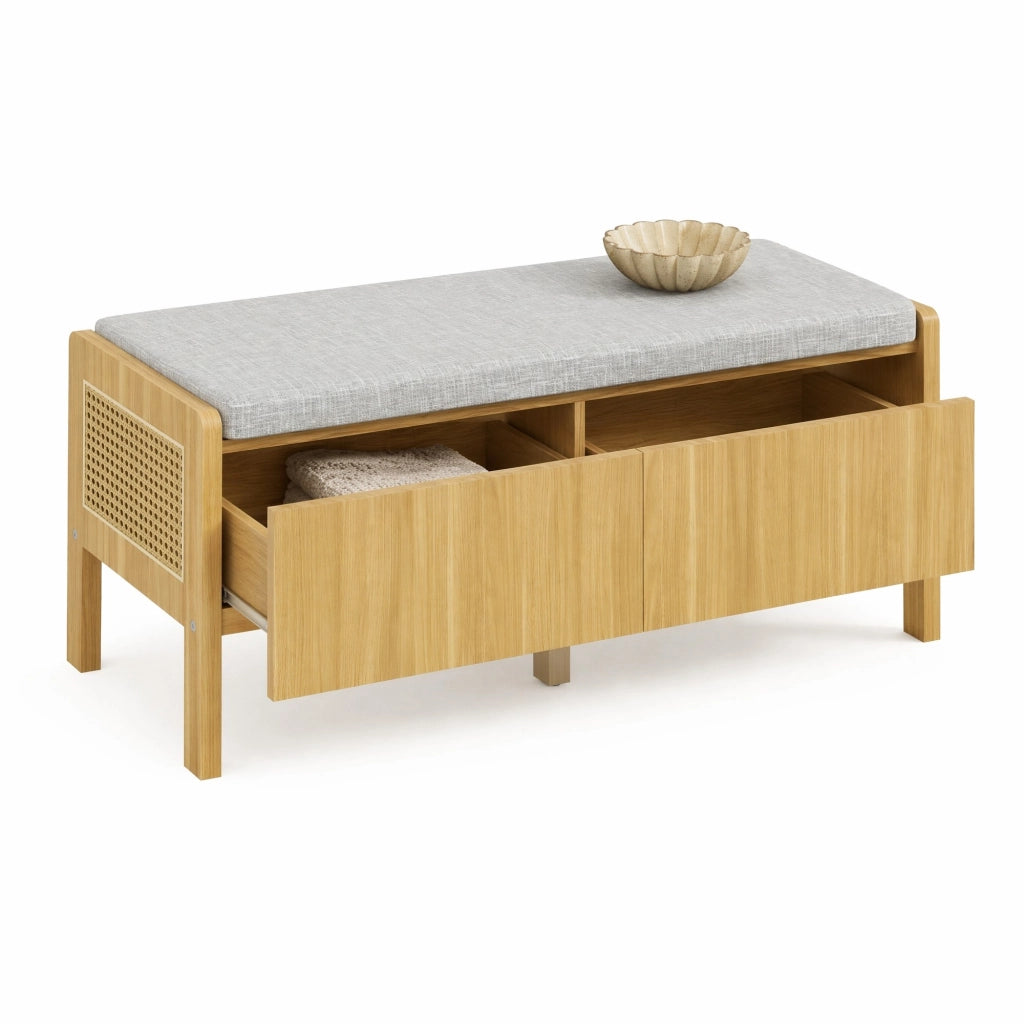 Panca contenitore con seduta, laterali in rattan, 2 cassetti, colore naturale e grigio, 113 ¡Á 45,5 ¡Á 40 cm