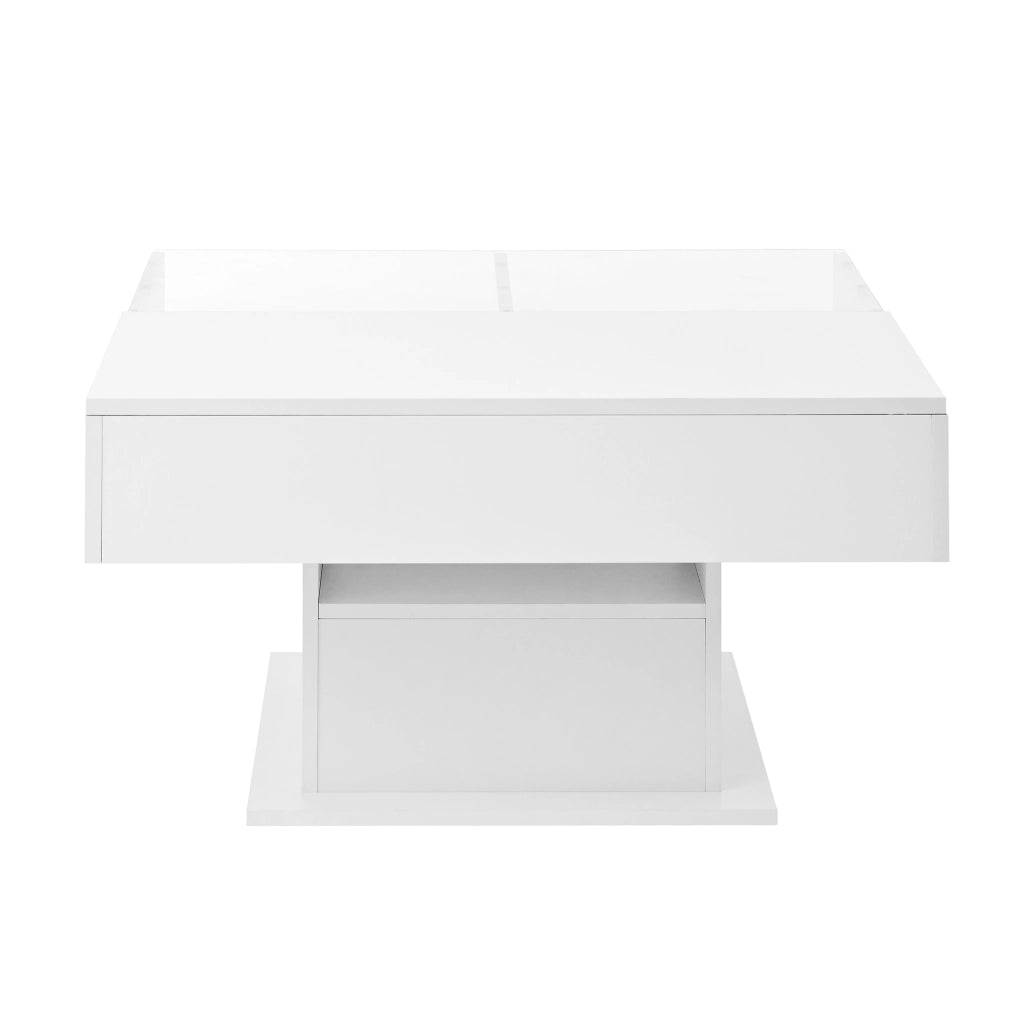 Tavolino sollevabile 78x78x45.5/59.5 cm; LED e spazio contenitore; truciolare bianco