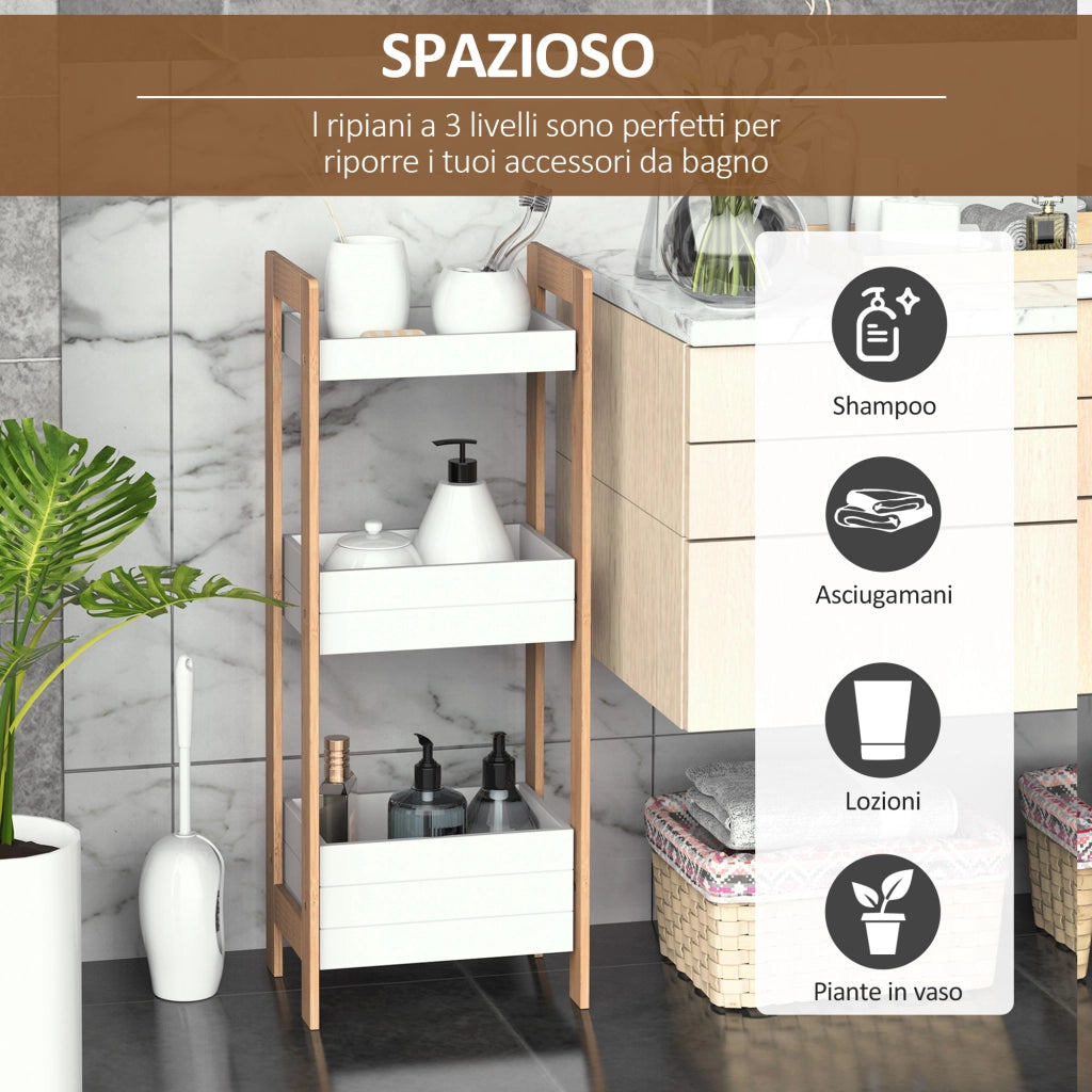 EasyComfort Mobiletto Bagno Multiuso, Scaffale da Bagno a 3 Ripiani Compatto in Legno MDF e Bambù, Bianco, 27.5x20.8x74cm
