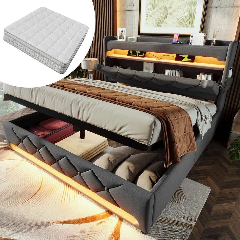 Letto Imbottito Matrimoniale con Contenitore Idraulico e LED ¨C MINIMAL ¨C Grigio, Tessuto, 180x200