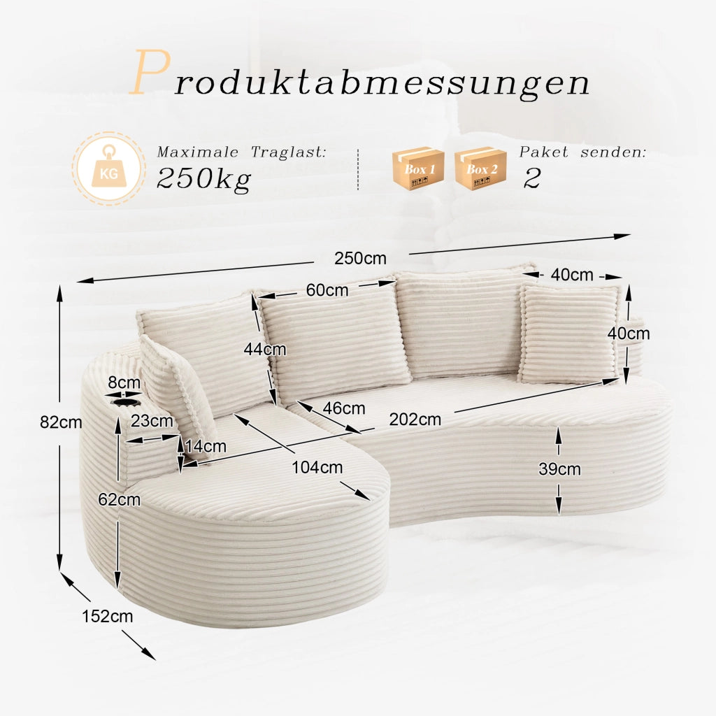 DIVANO ad arco 250x152x82 cm in velluto beige con portabevande e tasca laterale