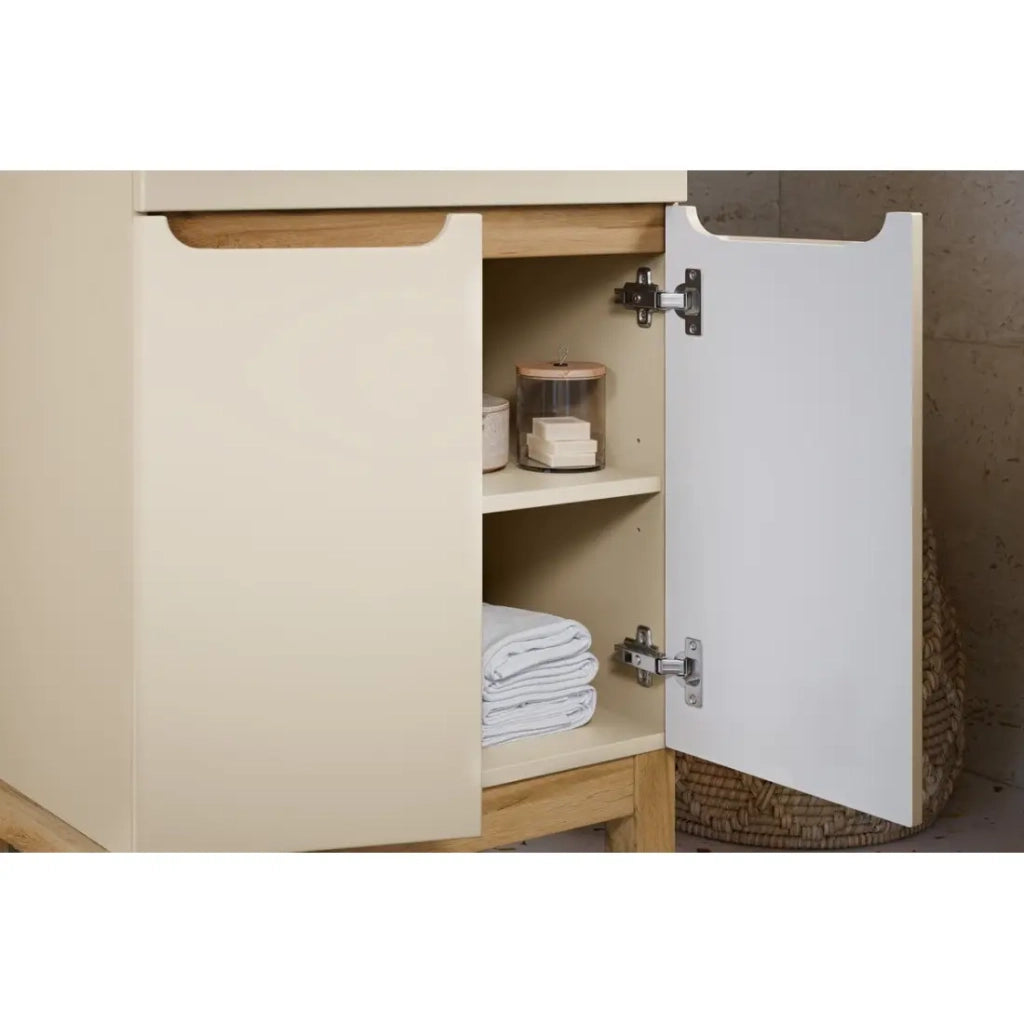 Set da bagno ERMANO cachemire e finitura quercia 115cm: mobile sottolavabo + lavabo incassato + colonna