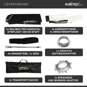 Essential Striplight Softbox 30x120cm + adattatore softbox per Profoto (diametro esterno: 15,2 cm), ruotabile a 360°, facile da montare, griglia inclusa, adattatore Bowens