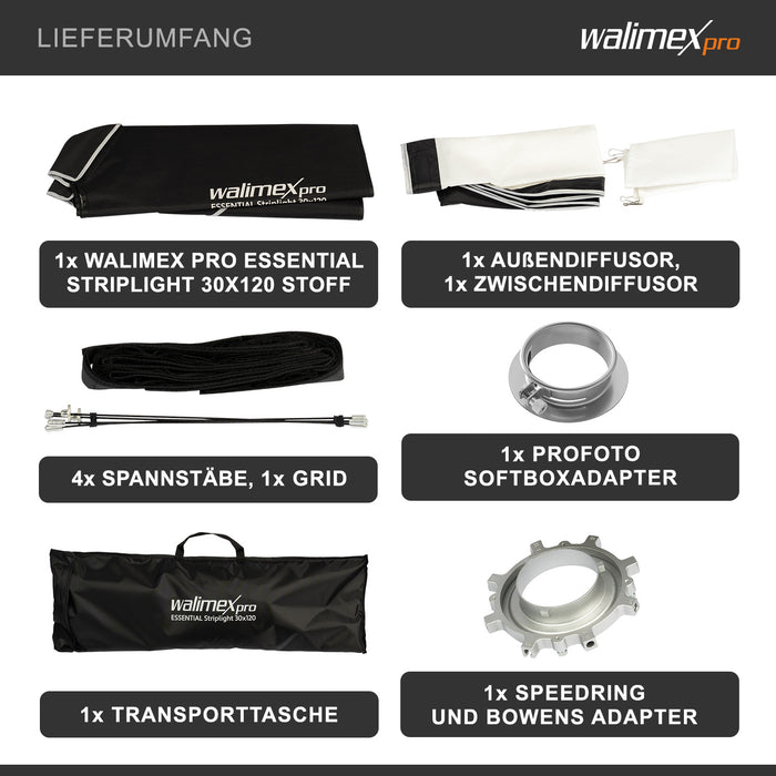 Essential Striplight Softbox 30x120cm + adattatore softbox per Profoto (diametro esterno: 15,2 cm), ruotabile a 360°, facile da montare, griglia inclusa, adattatore Bowens