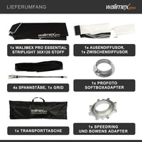 Essential Striplight Softbox 30x120cm + adattatore softbox per Profoto (diametro esterno: 15,2 cm), ruotabile a 360°, facile da montare, griglia inclusa, adattatore Bowens