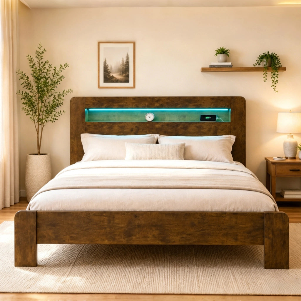 Letto 180x200 cm con testiera portaoggetti; LED e prese integrate in legno colore naturale