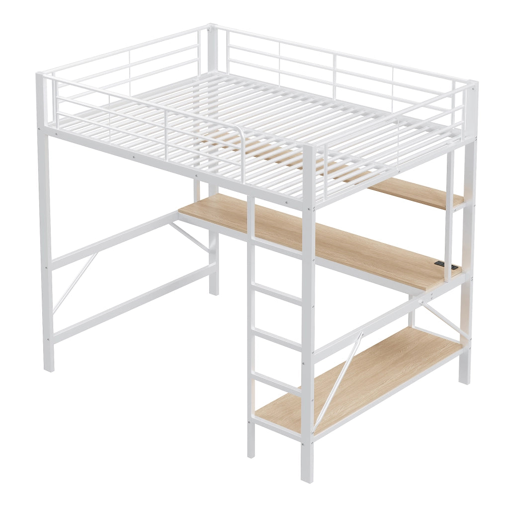 Letto a soppalco 140×200 cm 2 posti con scrivania; ripiani; LED; prese USB e senza materasso