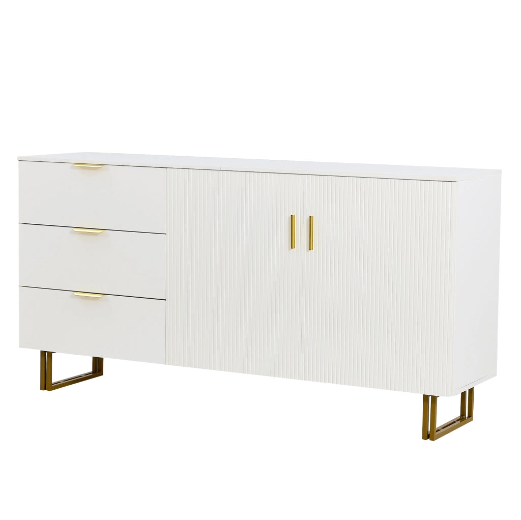 Sideboard moderno in MDF bianco con 2 porte, 3 cassetti e gambe in acciaio