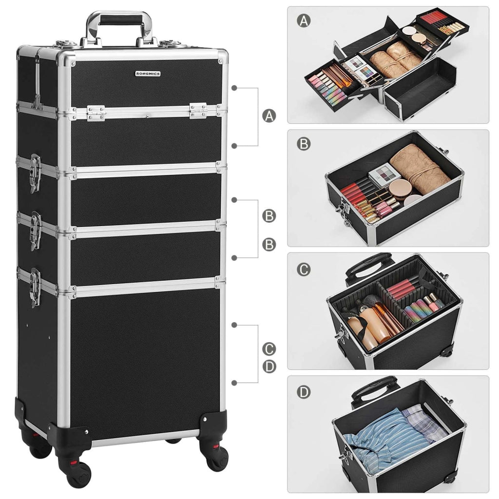 Valigia per trucco professionale valigia per trucco 4 in 1 per parrucchieri e truccatori valigetta per trucco con serratura e ruote universali nera 12_0002188