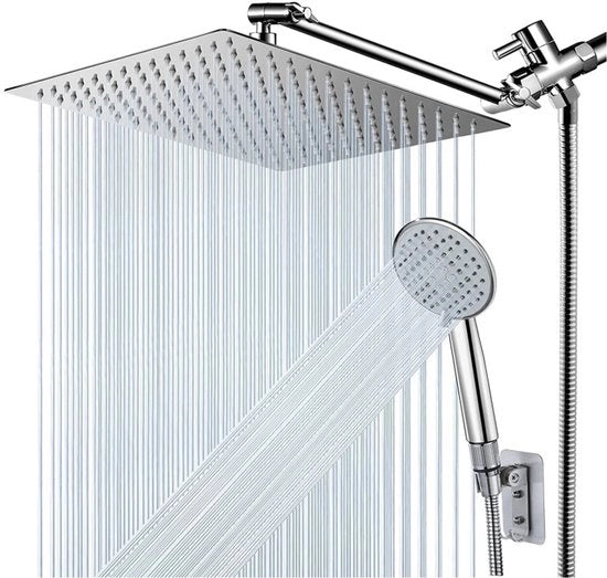 Combinazione per doccia, testa di doccia alta pressione 20 cm con estensione regolabile da 28 cm e doccia manuale con 5 posizioni, forte getto di acqua contro bassa pressione con lunga mazzetta.
