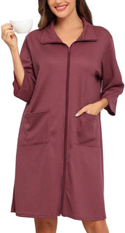 Badjas per donna con tessuto a quadretti, maniche 3/4, chiusura a rittens, giacca leggera, lunghezza ginocchiere con tasche, colore soja rosa, Modello M