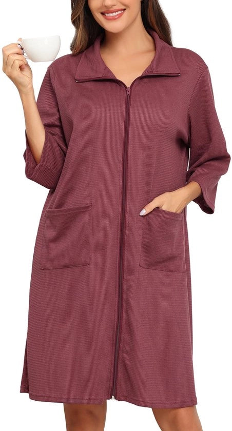 Badjas per donna con tessuto a quadretti, maniche 3/4, chiusura a rittens, giacca leggera, lunghezza ginocchiere con tasche, colore soja rosa, Modello M