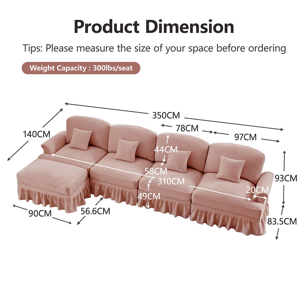 Divano modulare a L - Xylo - 4 posti, chenille, mid-century, rosa