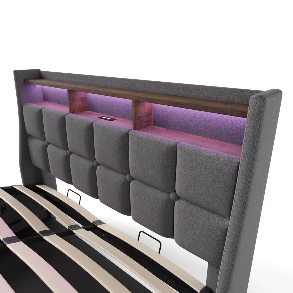Letto matrimoniale imbottito 180x200 cm in lino grigio con LED e USB; senza materasso