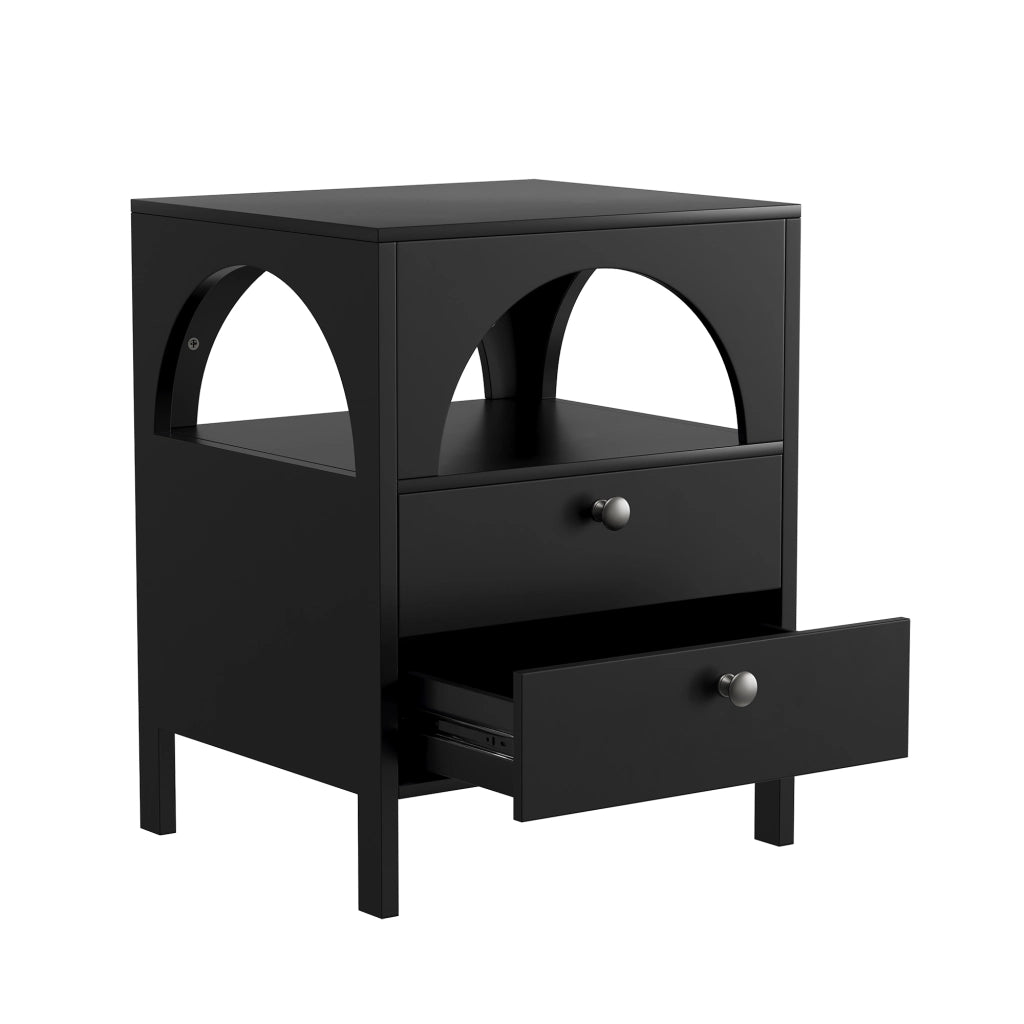 Comodino con 2 cassetti e vano aperto in MDF con gambe in legno nero per camera da letto soggiorno e ingresso