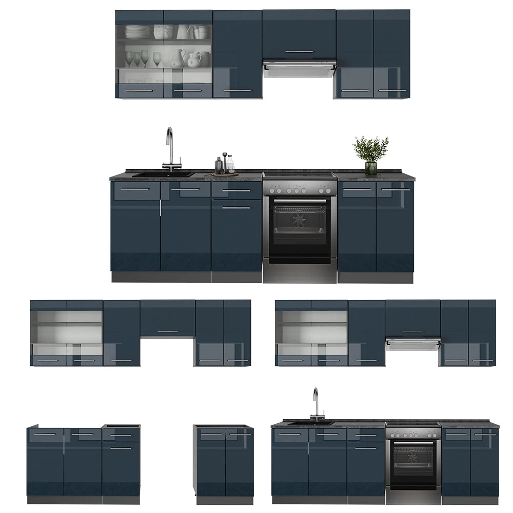 Cucina componibile Fame-Line Blu scuro lucido/Antracite 240 cm, PL Marmo Vicco