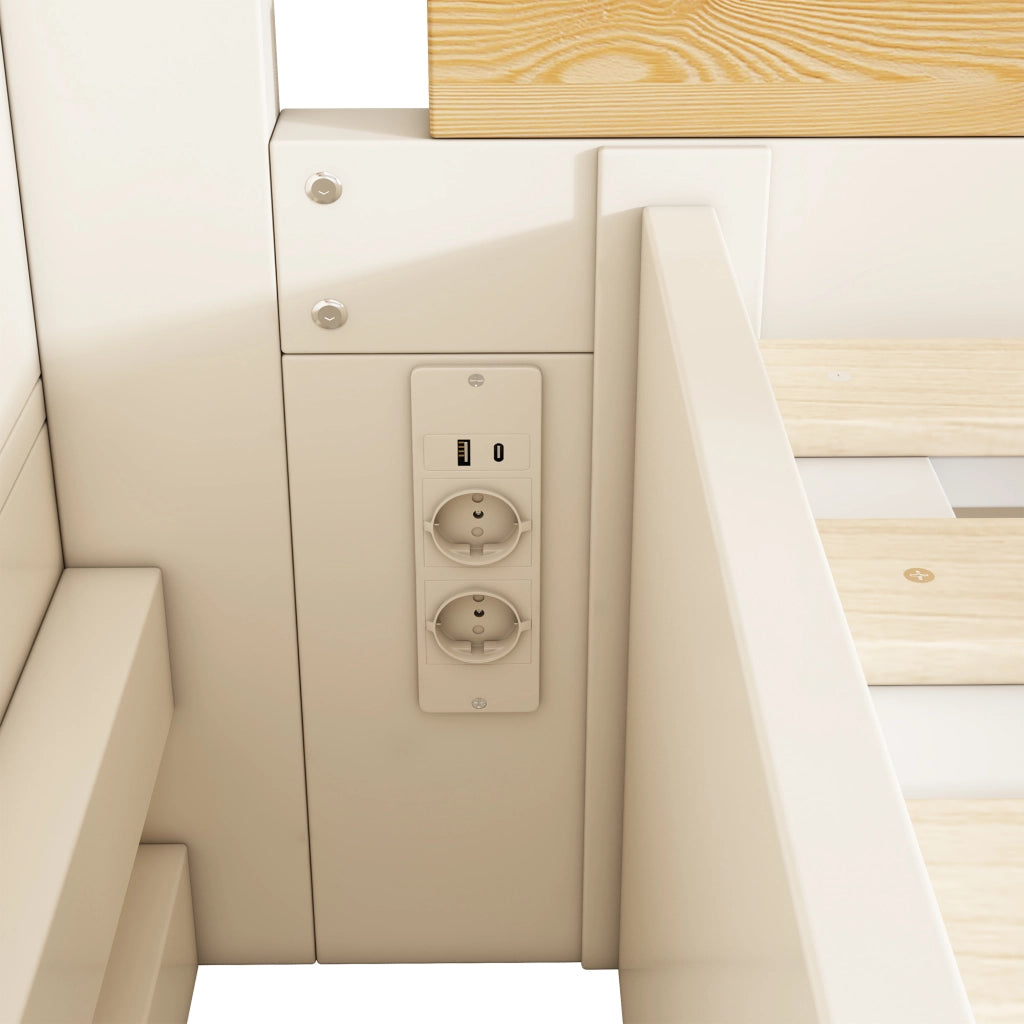 OKWISH Letto a Castello 90×200 cm e 140×200 cm, Letto 3 Posti con Vano Contenitore, Scala con Contenitori, USB e USB C, senza Materasso