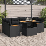 Set Divano da Giardino 6 pz con Cuscini Nero Polyrattan Acacia