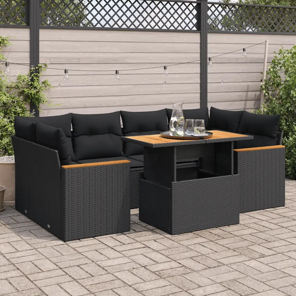 Set Divano da Giardino 6 pz con Cuscini Nero Polyrattan Acacia