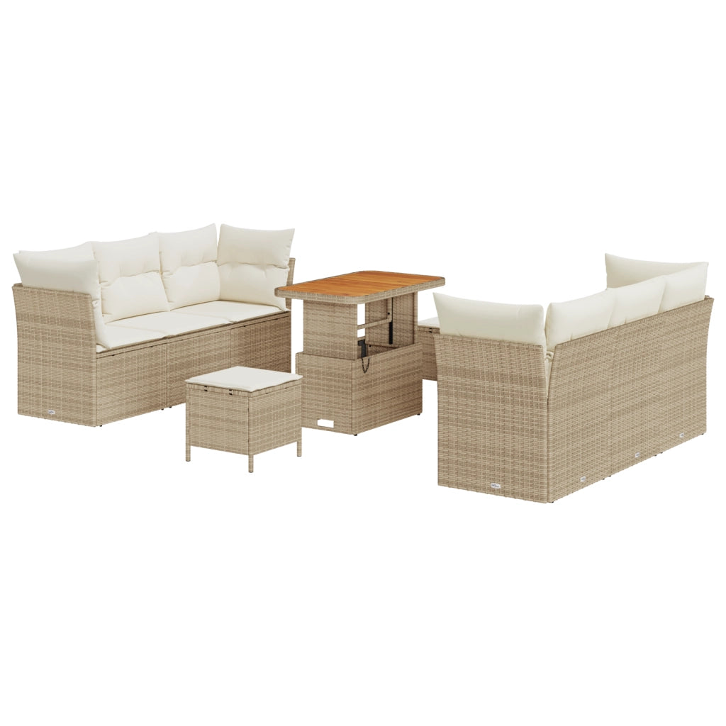 Set Divano da Giardino  9 Pezzi con Cuscini Beige Poly Rattan Acacia