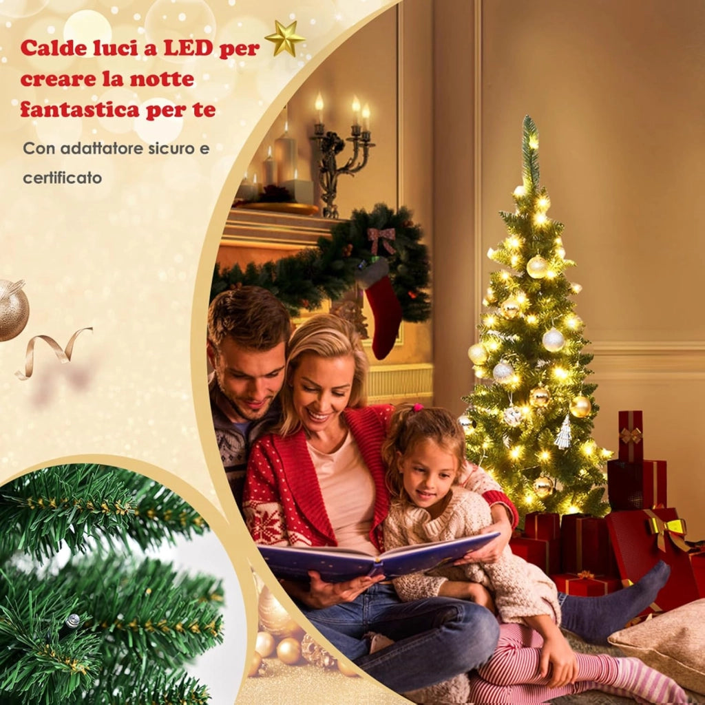 Albero di Natale 135/200/225 cm, Albero di Natale Slim con 150/250/350 Luci a LED Calde, 226/708/1085 Rami Folti e Base di Metallo, Albero di Natale con Luci Incorporate per Festa (135 cm)