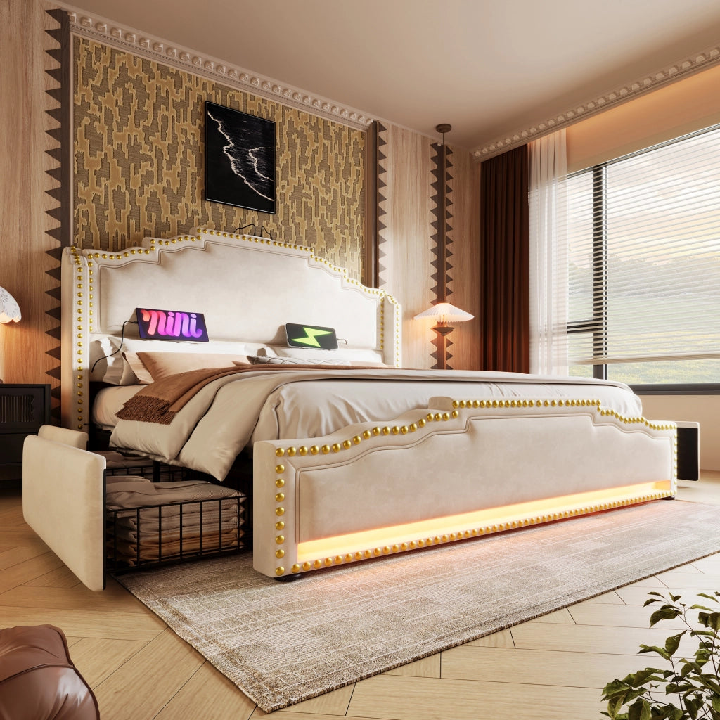 Letto matrimoniale 160x200 in velluto beige con LED, porte USB/Type-C, 4 cassetti e materasso incluso