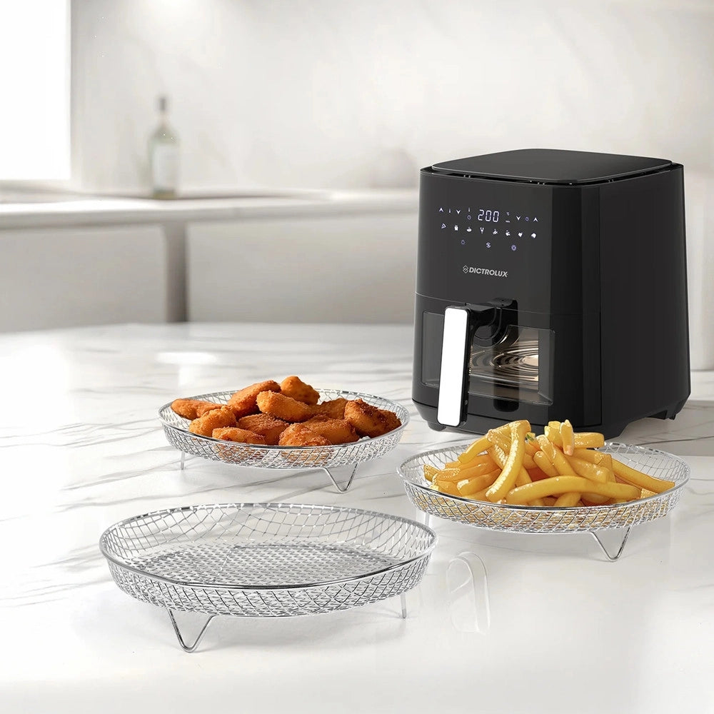Trade Shop - Set Da 3 Griglie In Acciaio Inox Per Friggitrice Ad Aria H4,5 Cm X ø20 Cm Impilabili -