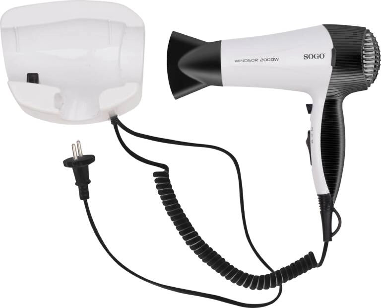 Asciugacapelli da parete 2000W con aria fredda, 2 velocità e supporto muro con cavo spiralato per bagno hotel - Sogo