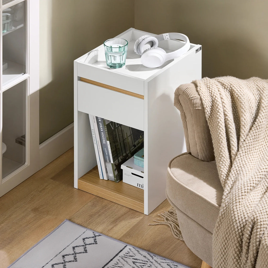 Tavolino laterale Comodino con cassetto Bianco-Naturale 30x35x55cm FBT137-W