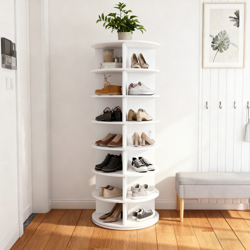 Scarpiera girevole a 7 livelli 60x60x161 cm; in PVC bianco