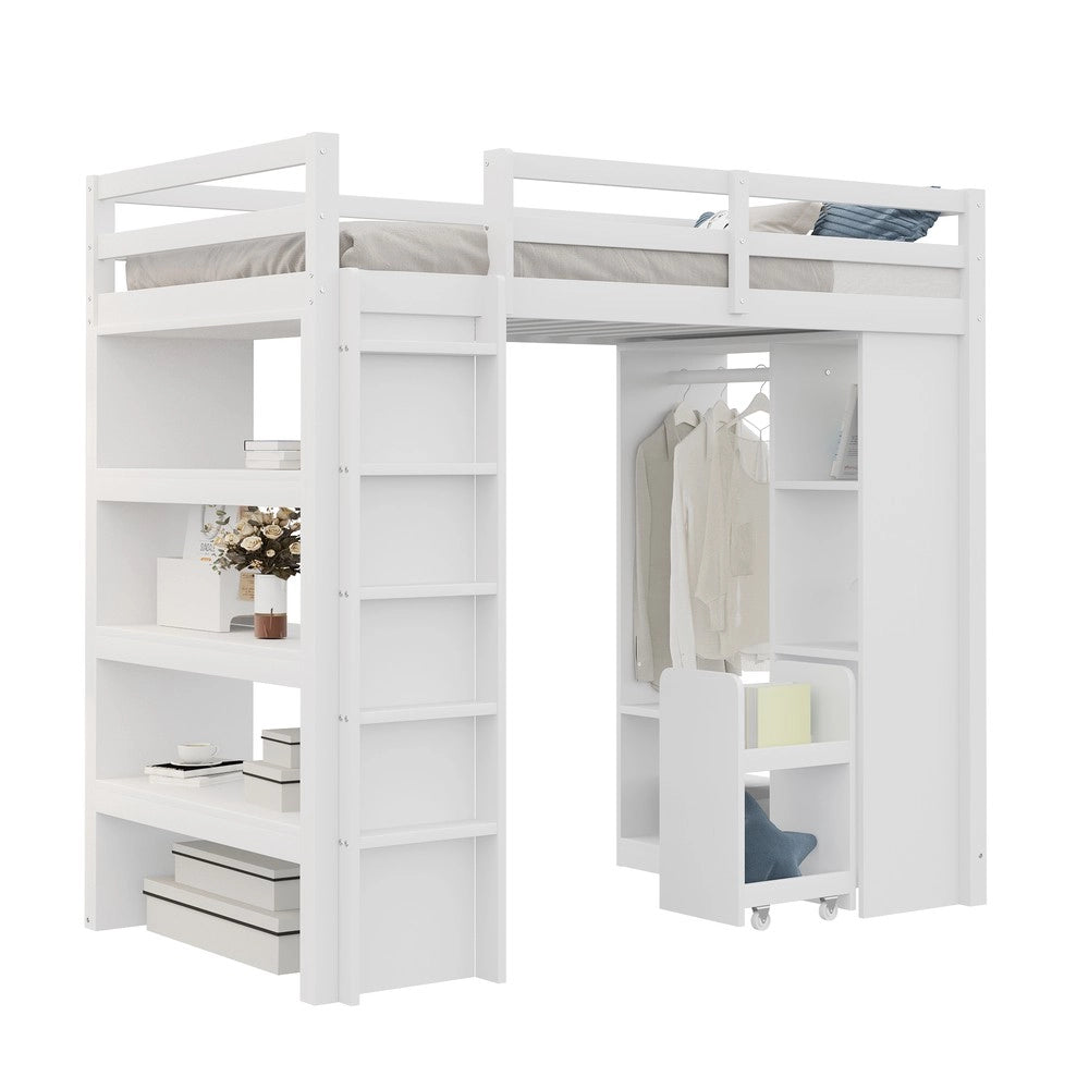 Letto a Soppalco Singolo ¨C MINIMAL ¨C Bianco, con Scaffali, Appendiabiti e Carrello, 90x200