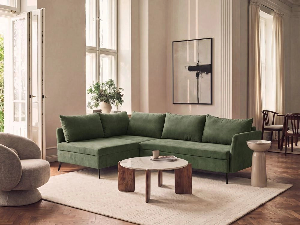 Divano Letto Angolare a 3 Posti Destro in Tessuto Verde con Contenitore per Soggiorno Koge