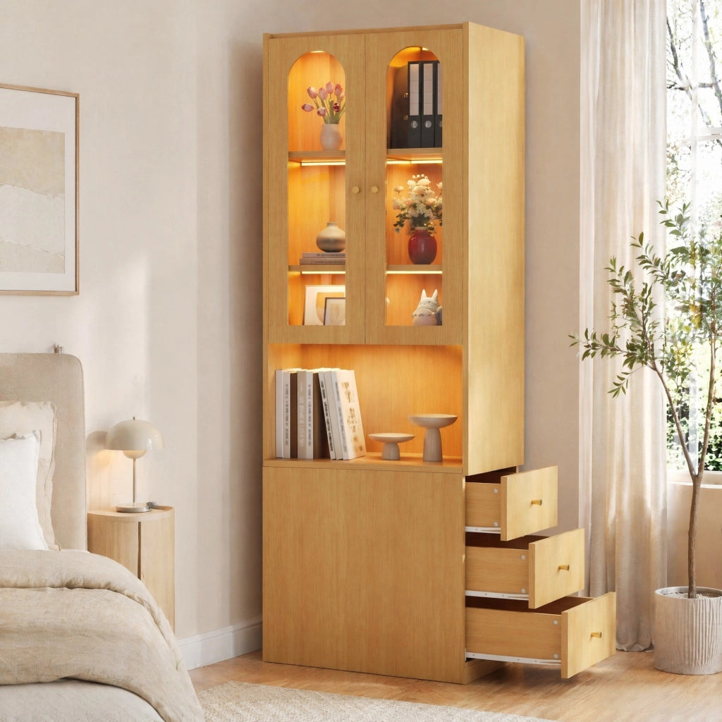 Libreria alta con 3 cassetti; vetrina in vetro e LED - per studio - 60 x 40 x 200 cm - rovere