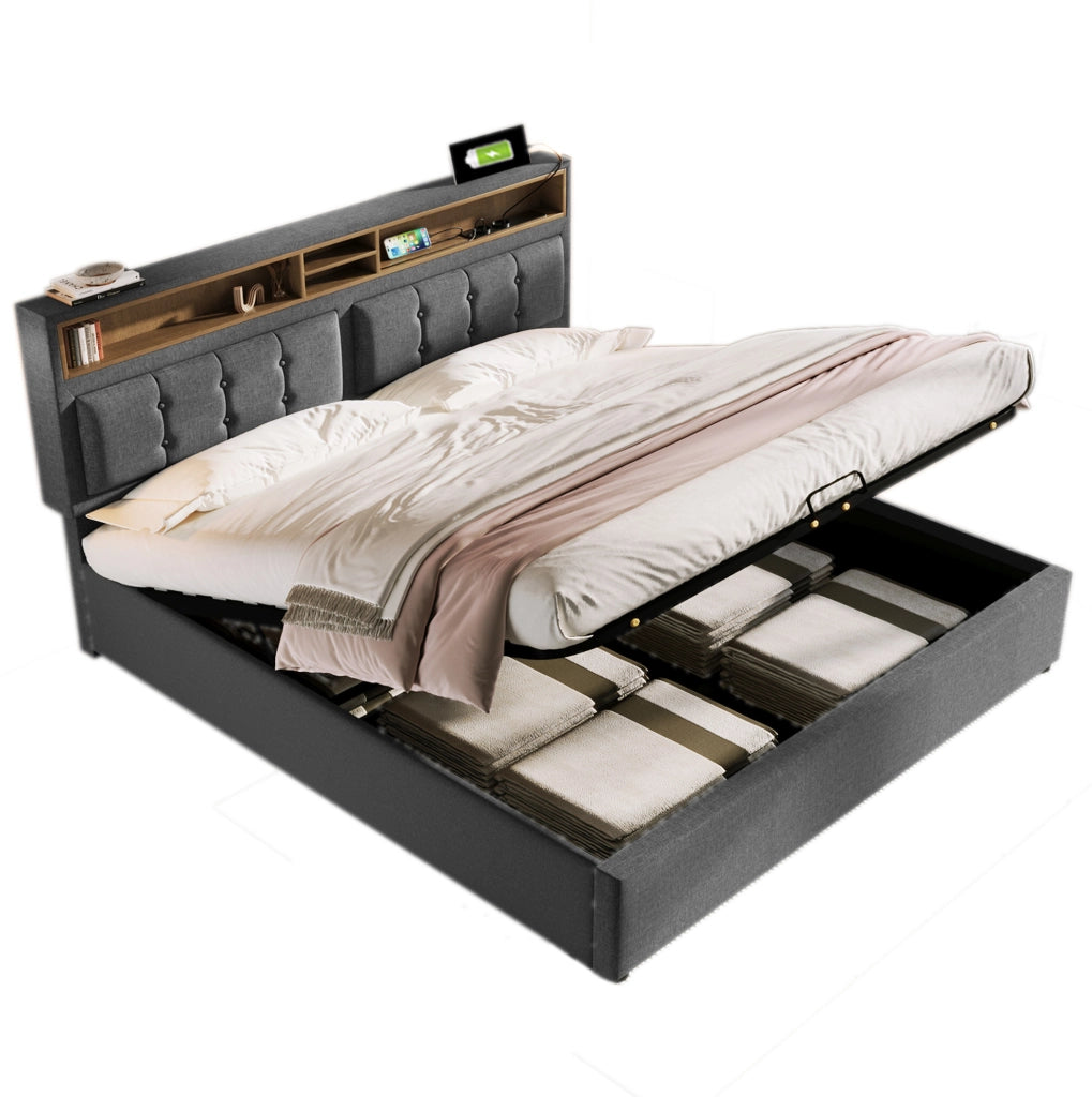 Letto matrimoniale imbottito 140x200 cm con testiera regolabile; USB e prese; grigio