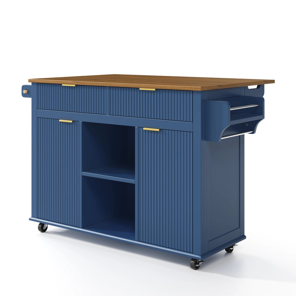 Isola da cucina su ruote con piano ribaltabile, 2 cassetti, 2 ante e porta spezie, colore blu e legno