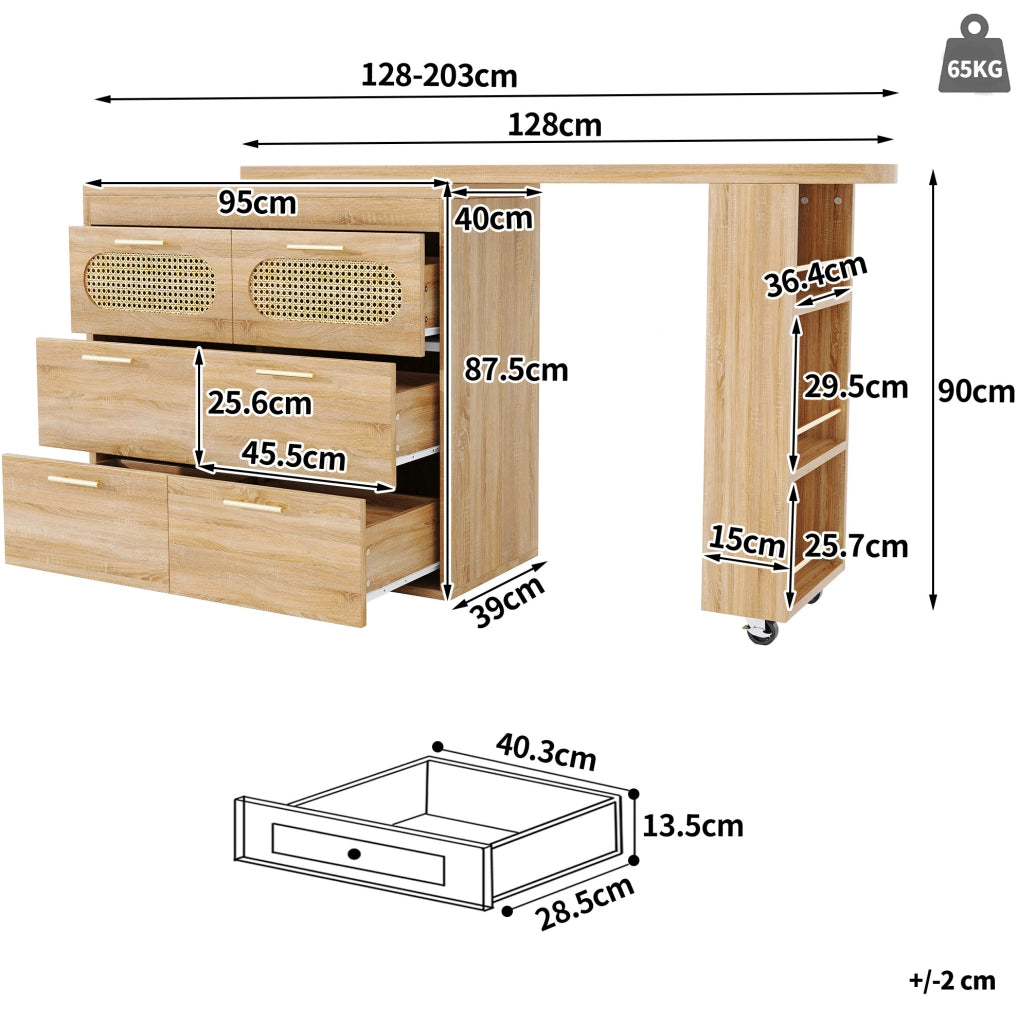 Tavolo bar girevole 360° con 6 cassetti, 128-203 cm