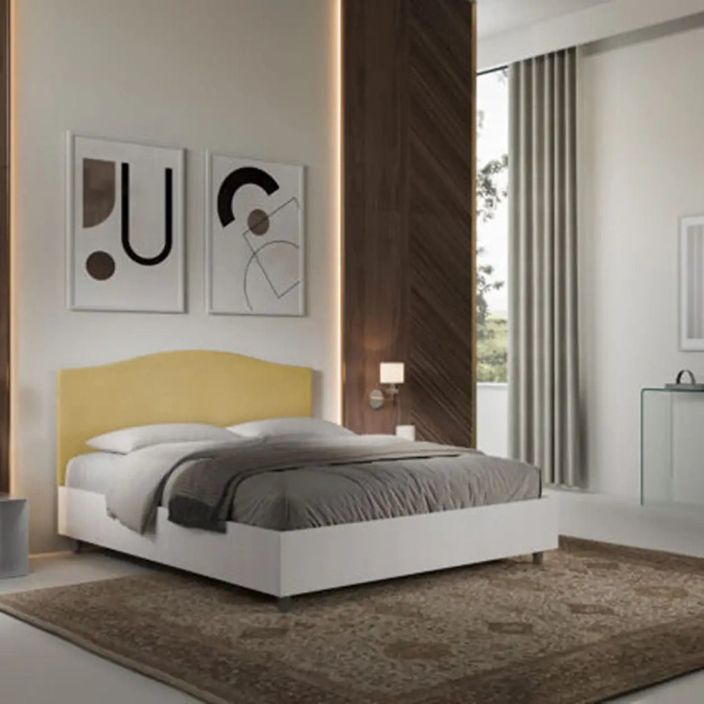 Letto matrimoniale con rete 160x190 bianco frassino testata microfibra ocra Grace