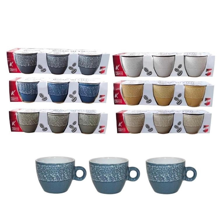1 Set di 3 Tazzine Tazze Caffè senza Piattini in Ceramica Mosai 6 Colori