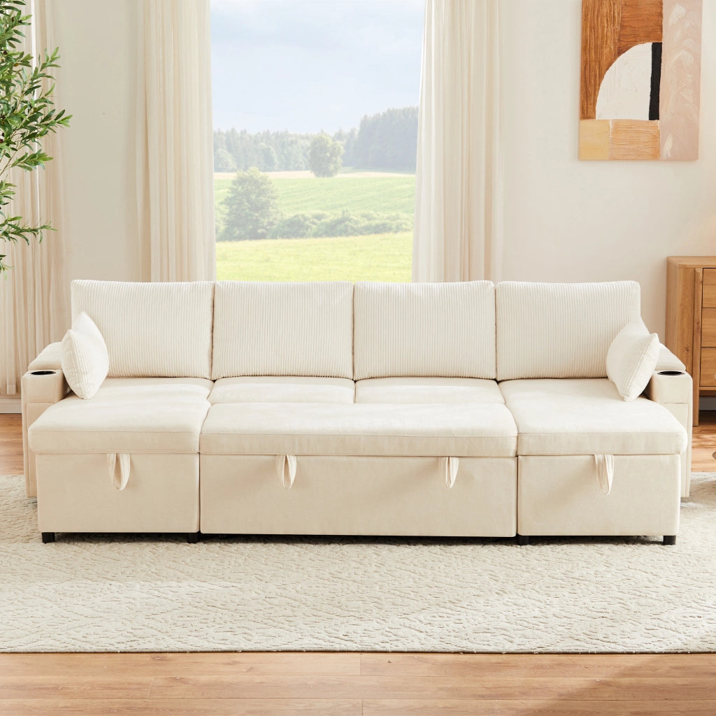 Divano letto modulare 4 posti - con contenitore - in chenille e corduroy - beige