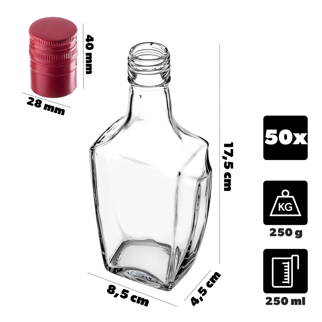 KADAX Bottiglia in Vetro per Tintura 250ml Con Tappo Rosso Lungo 50pz.
