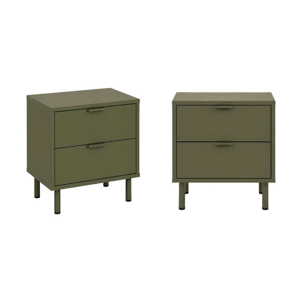 Set di 2 comodini decorativi in legno e metallo, 2 cassetti, verde